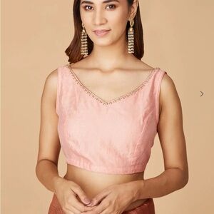 Brand new fabindia Indian Pakistani silk golden striped with embroidered blouse